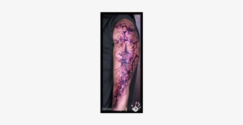 Cherry Blossom Temple Japanese Arm Color Arm - Tattoo Temple Cherry Blossoms, transparent png #942977