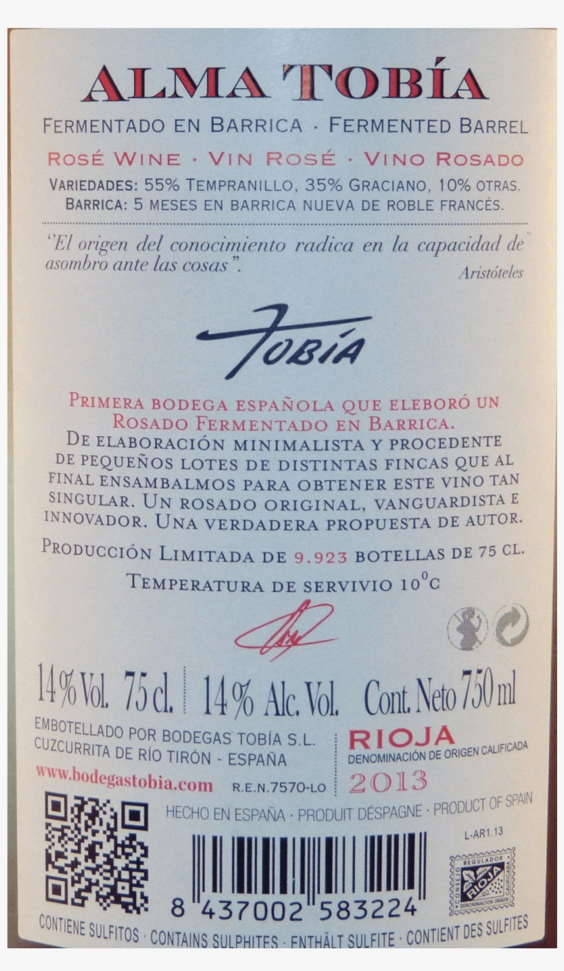 Etiqueta De Vino - Alma De Tobía Rosado 2016, transparent png #944932
