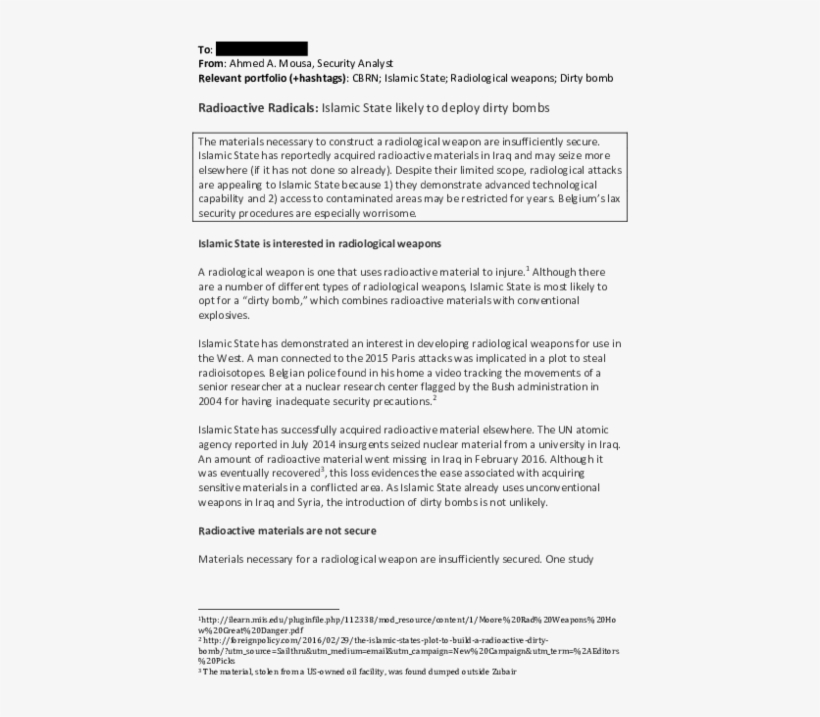 Islamic State Likely To Deploy Dirty Bombs - Quality Improvement Paper Outline, transparent png #9414767