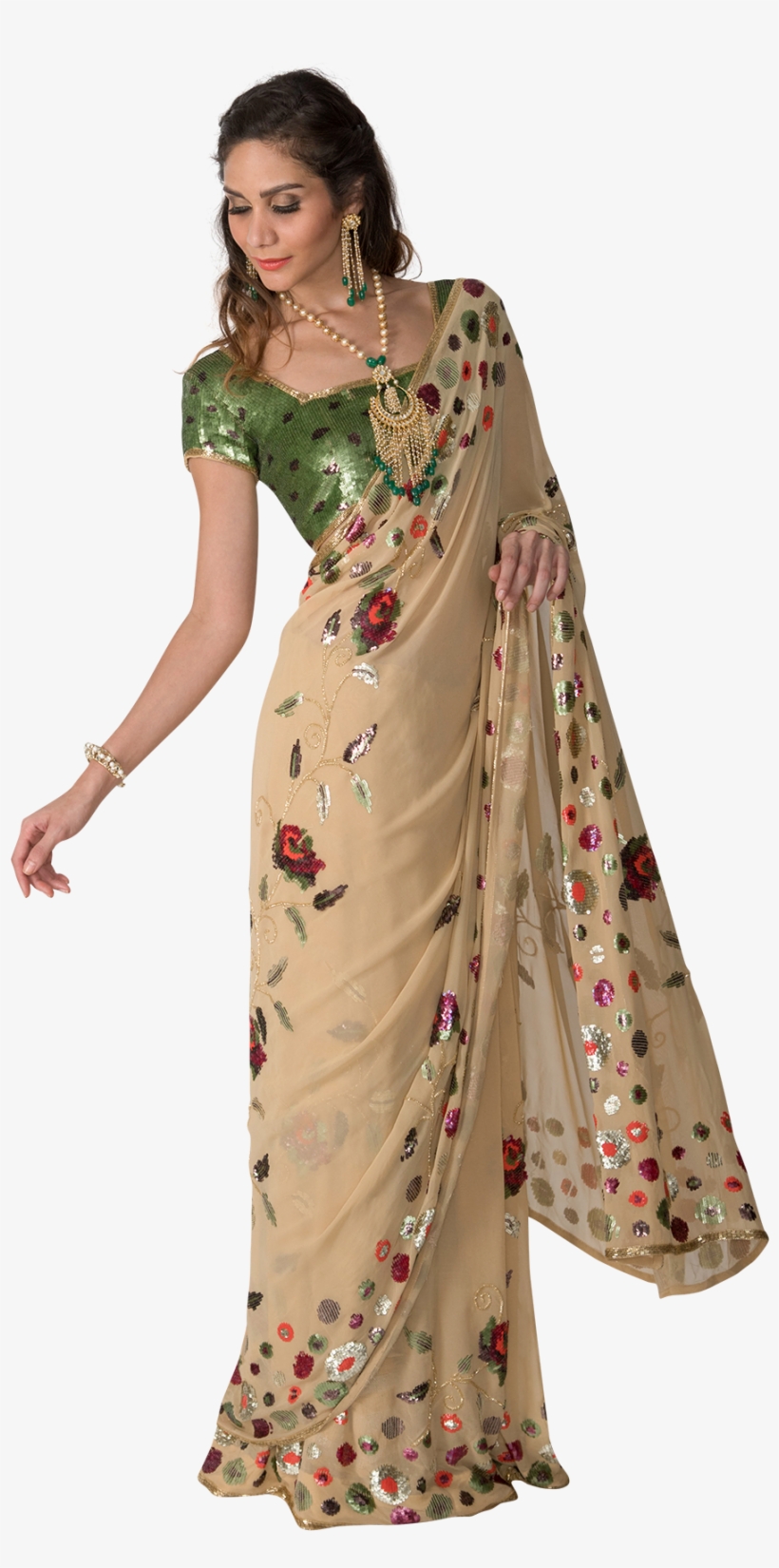 Cream And Green Sequins Embroidered Saree By Stylease - Silk, transparent png #9429775