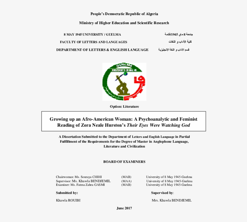 Growing Up An Afro American Woman A Feminist And Psychoanalytic - Université De Guelma, transparent png #9431531