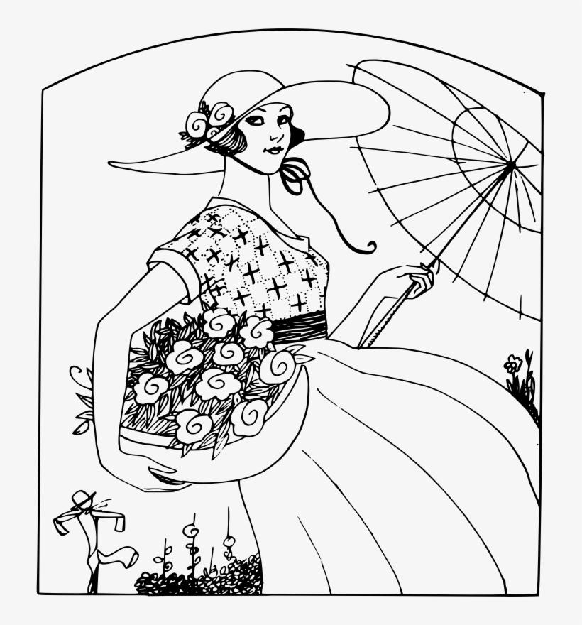 Medium Image - Lady With Flowers Basket Drawing, transparent png #9441238
