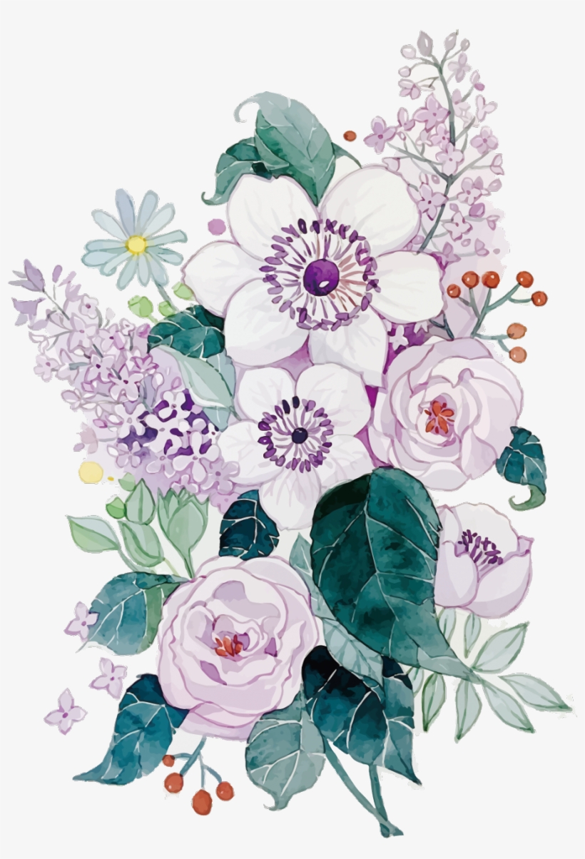 Boquet Sticker - Purple Watercolor Flowers Vector, transparent png #9441385