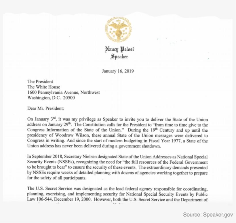 The Lead Agency In Charge Of Sotu Security, The Us - Letter From Pelosi To Trump, transparent png #9448617