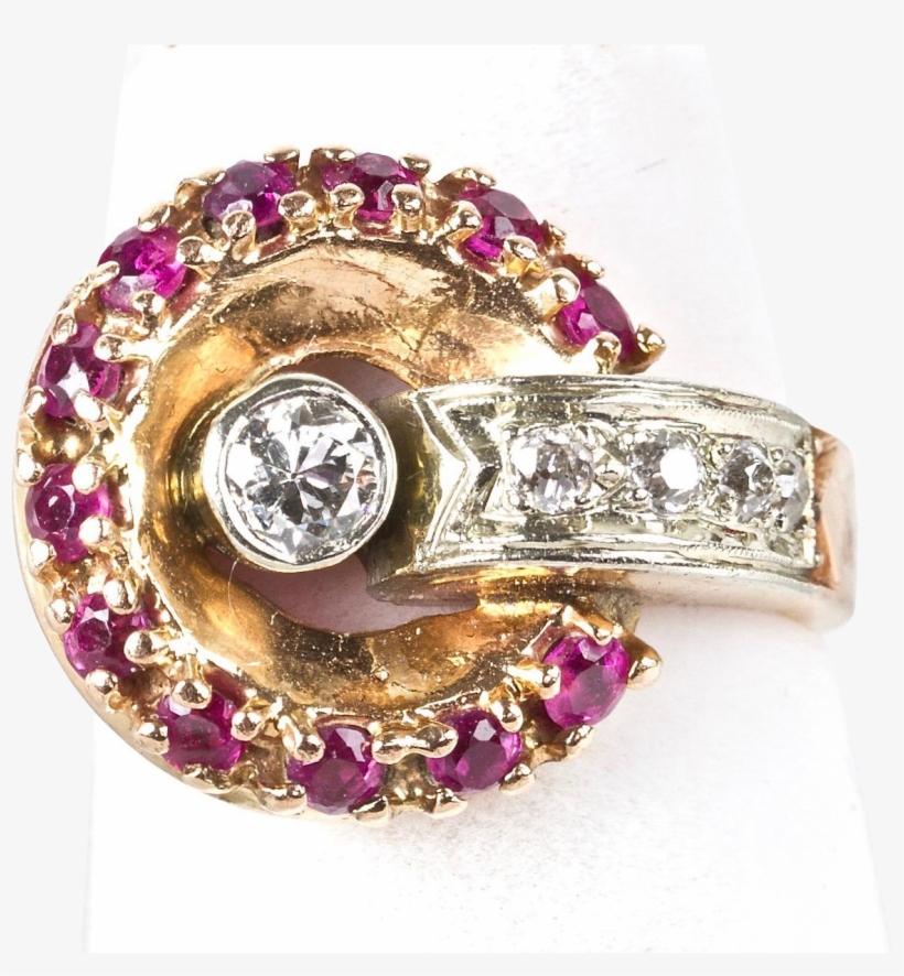 Vintage Retro 14k Rose Gold Diamond Ruby Ring Sparkle - Diamond, transparent png #9455716