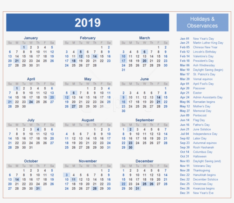 Free Png Download 2019 Indian Calendar Png Wallpaper - Free Printable 2020 Calendar With Holidays, transparent png #9468348