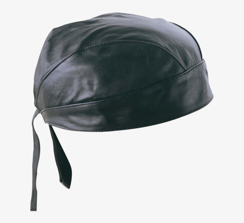 Black Genuine Leather Skull Cap Head Wrap Doo Rag Biker - Leather, transparent png #9472526