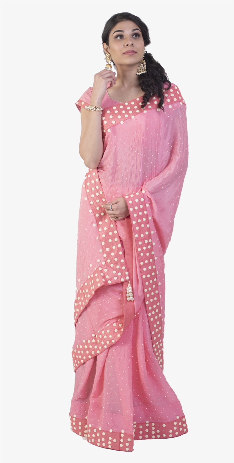 Pink Saree With Pearl Embroidered Border - Silk, transparent png #9479689