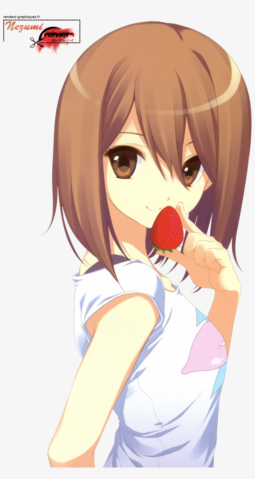 Render K On Yui Hirasawa Brune Fraise Tee Shirt Blanc - K On Yui, transparent png #9484229