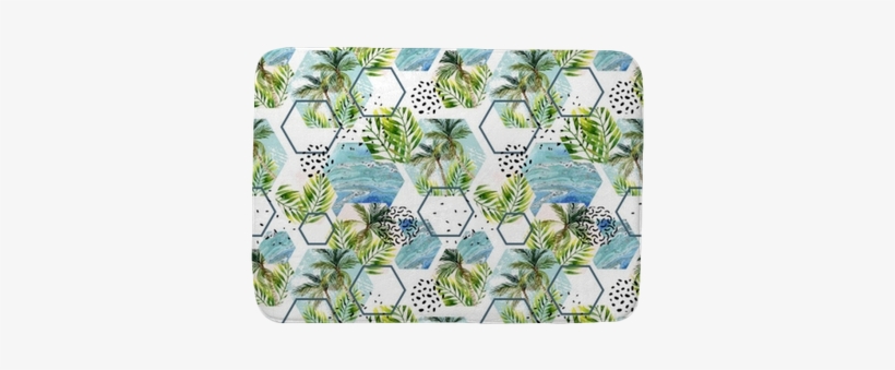 Watercolor Tropical Leaves And Palm Trees In Geometric - Coin Purse, transparent png #954452