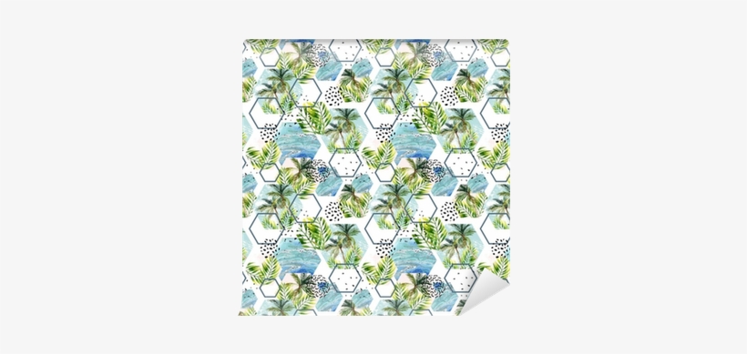 Watercolor Tropical Leaves And Palm Trees In Geometric - Placemat, transparent png #954486