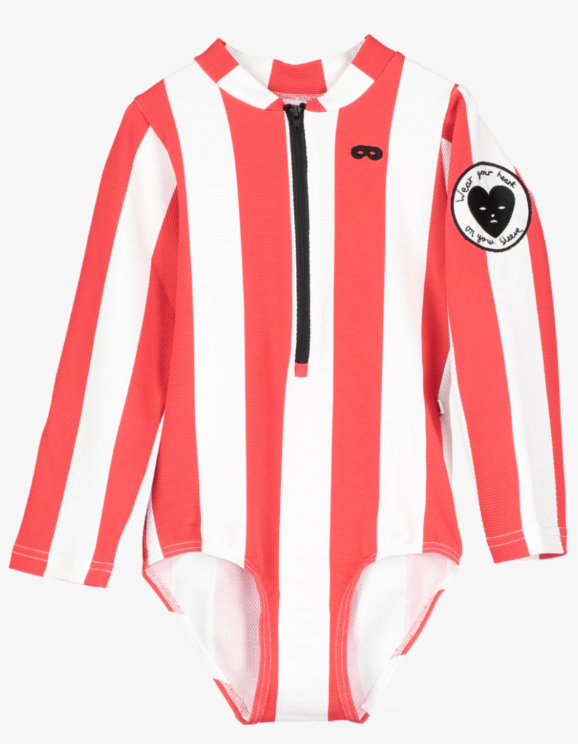 Zip Front Swimsuit Longsleeve Ecru Tomato Red Stripes - Collar, transparent png #9501508