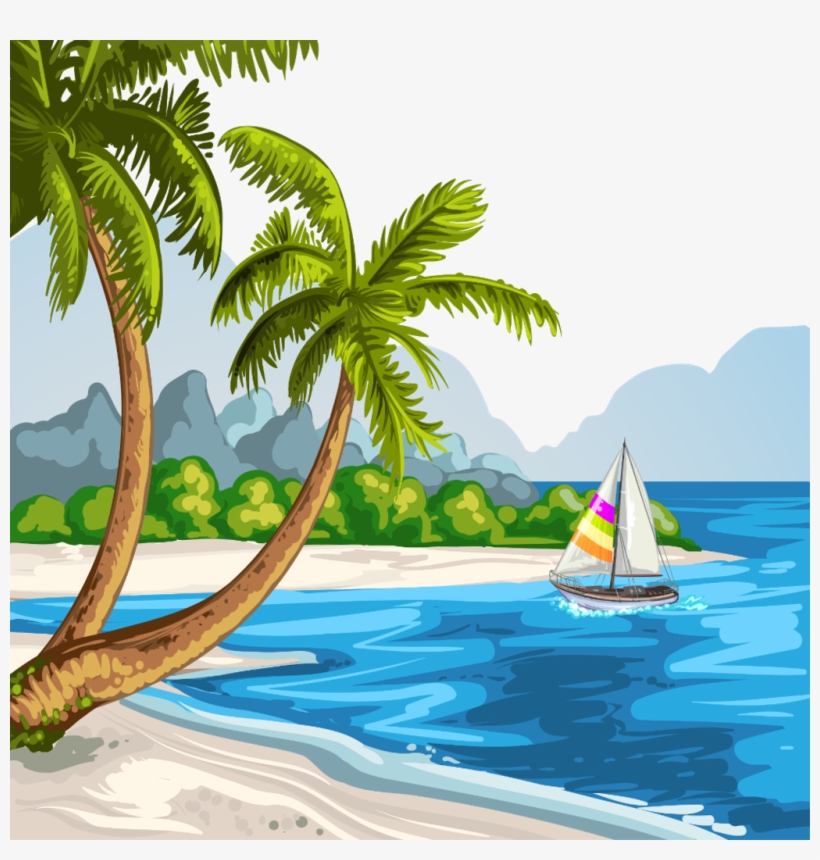 Beach Boat Coconut Palms Sea Ocean Water Summer Scenery - Scenery Of Beach Drawing, transparent png #9513562