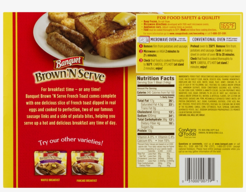 Banquet® Brown'n Serve™ French Toast Breakfast Meal - Dish, transparent png #9562646
