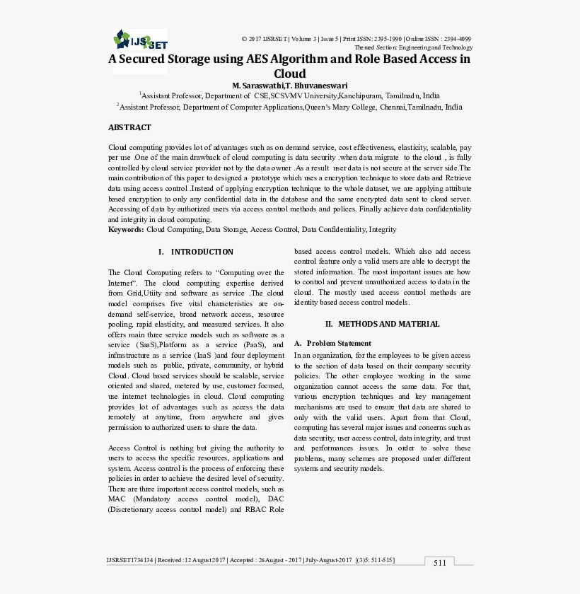 A Secured Storage Using Aes Algorithm And Role Based - Document, transparent png #9575576
