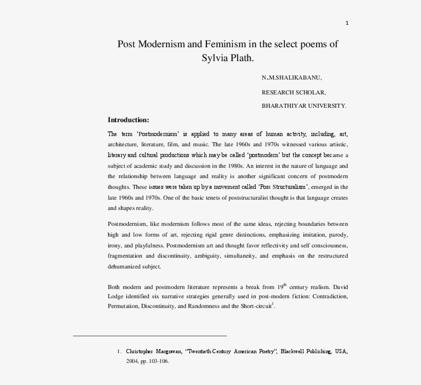 Post Modernism And Feminism In The Select Poems Sylvia - Document, transparent png #9576758
