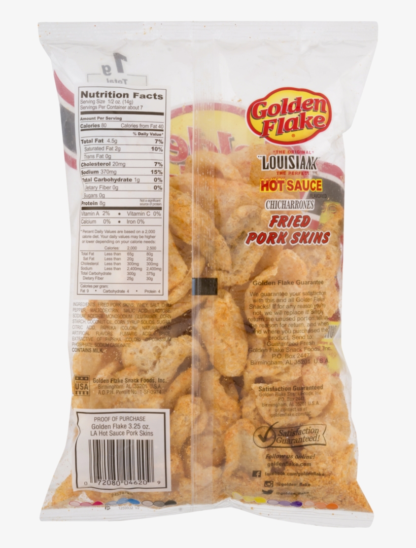 Golden Flake Pork Skins, Louisiana Hot Sauce - Golden Flake Pork Rinds Nutrition, transparent png #9590656