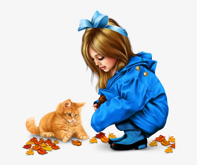 Little Girl In Raincoat With A Kitty Png - Clip Art, transparent png #9596123