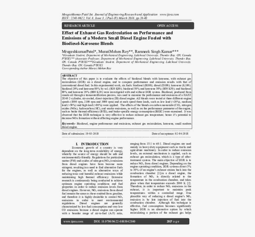 Effect Of Exhaust Gas Recirculation On Performance - Document, transparent png #9616999
