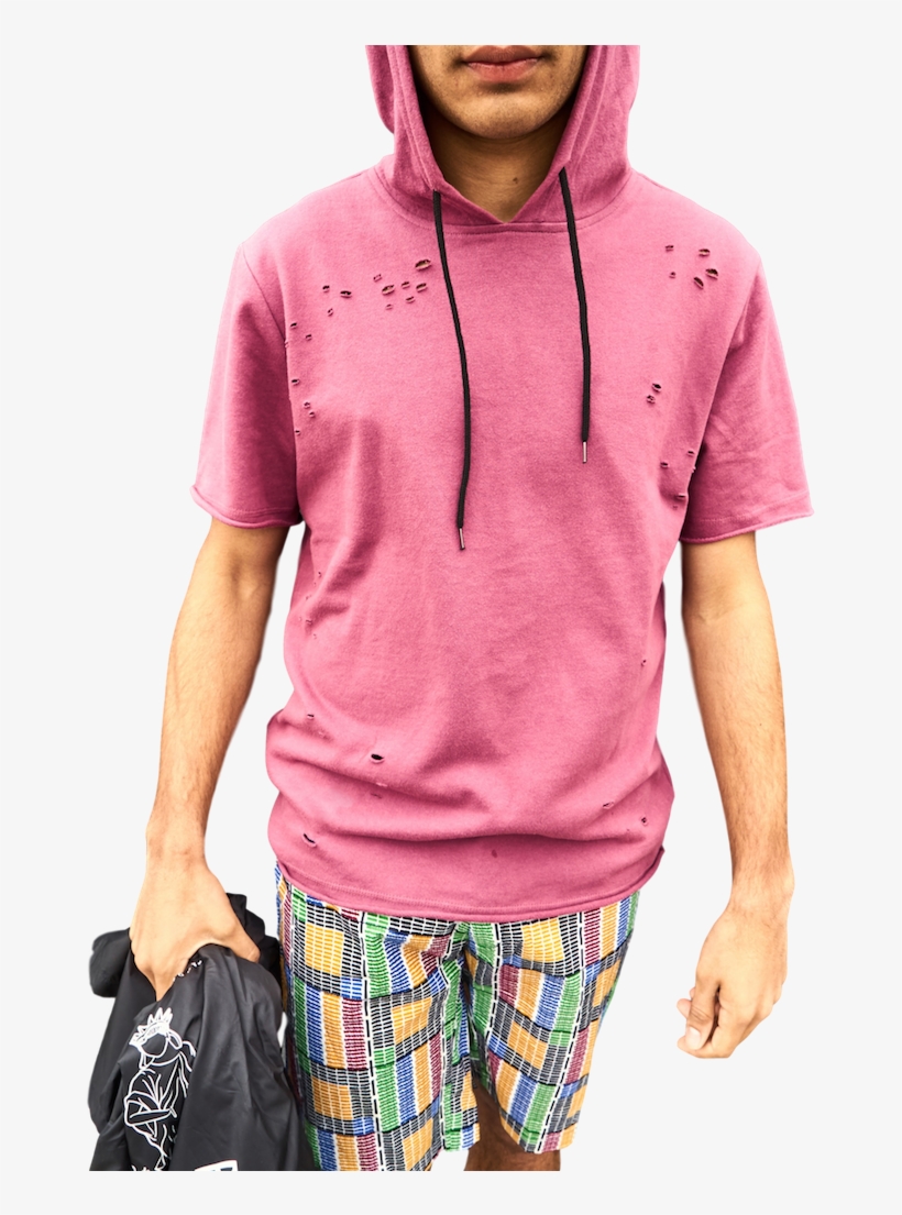 Mauve Colored Distressed Short Sleeve French Terry - Hoodie, transparent png #971905