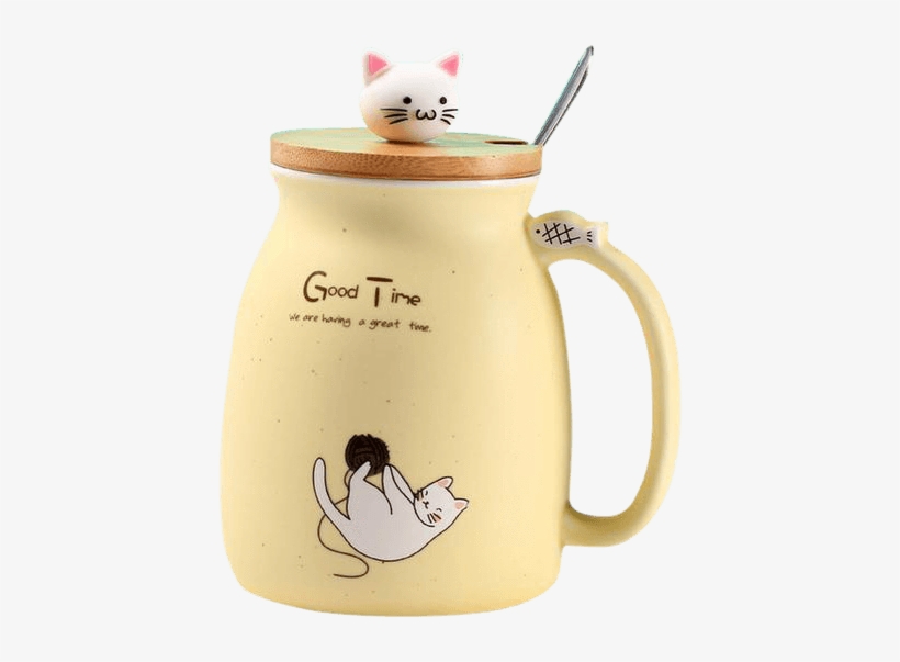 Taza De Café Gato Con Tapa Y Cuchara - Cat Mug With Lid, transparent png #976474