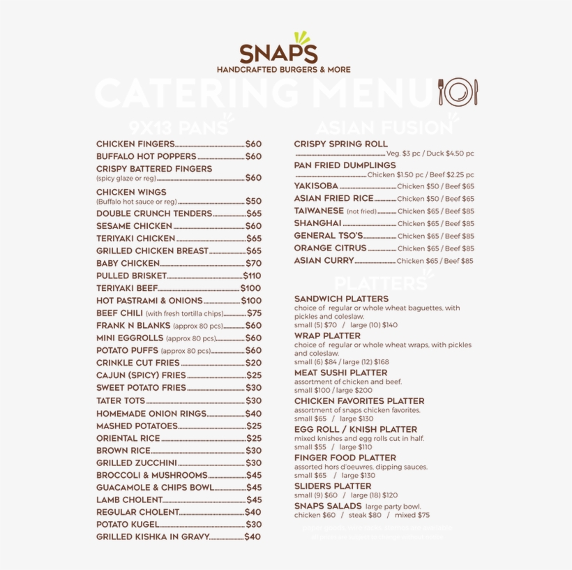 Snaps Catering Menu 2 - Document, transparent png #9735129