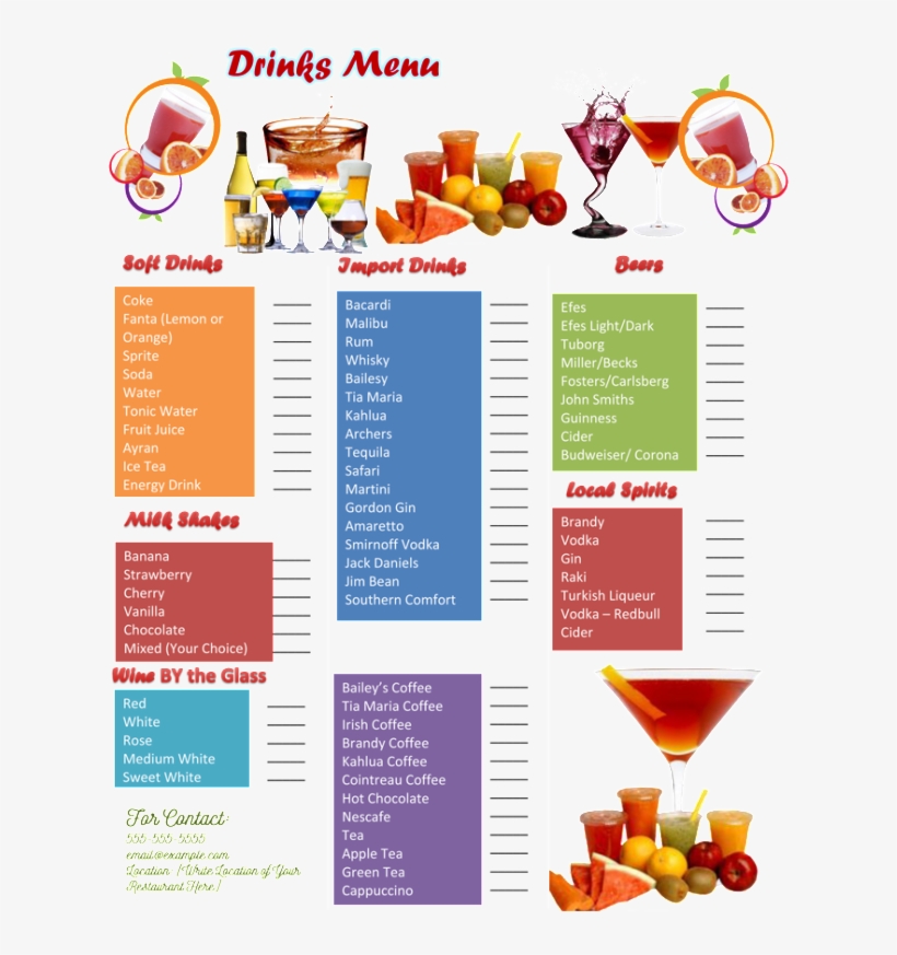 Free Sample Drink Menu Template - Example Of Beverages Menu, transparent png #9735220