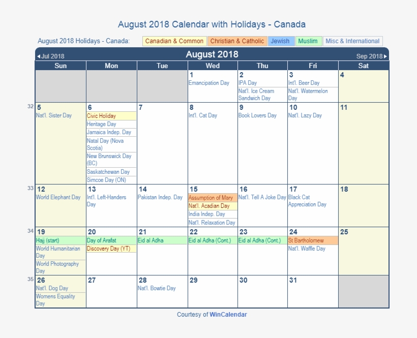 August 2018 Calendar With Holidays Canada - Holiday March 2019 Calendar, transparent png #9736699