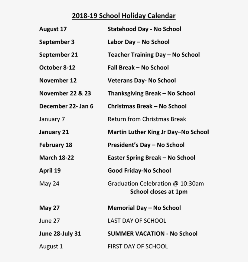 2018-2019 Holiday Calendar - Document, transparent png #9736737