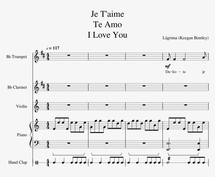 Je T Aime Te Amo I Love You Sheet Music For Clarinet, - Sheet Music, transparent png #9756924