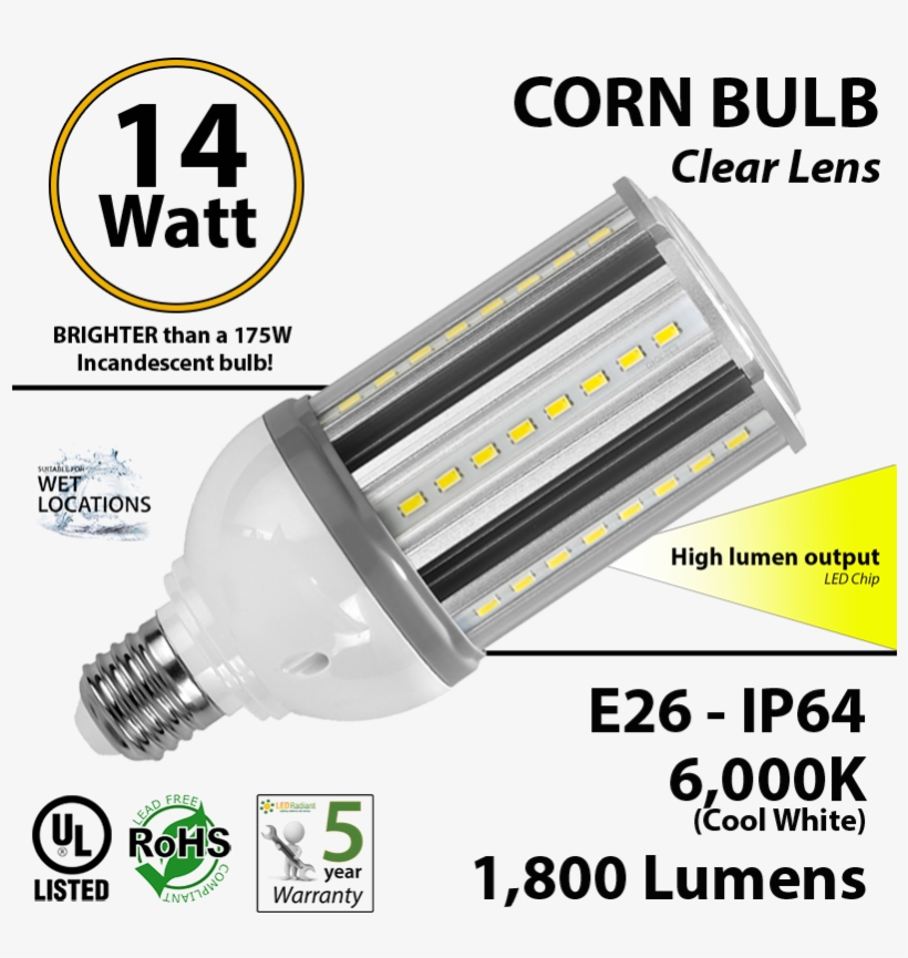 14 Watt Led Corn Light Bulb 1800lm 150w Equivalent - 300 Watt Incandescent Led Replacement, transparent png #9775444