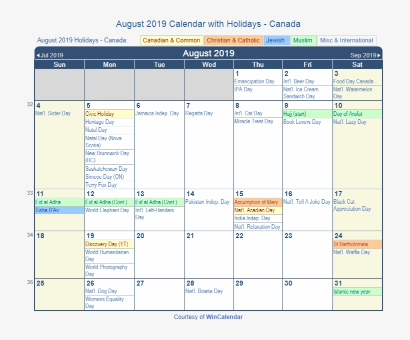 Print Friendly August 2019 Canada Calendar For Printing - Holidays In December 2018, transparent png #9777194