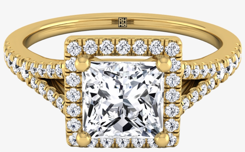 Princess Cut Diamond Halo Engagement Ring With Scroll - Diamond, transparent png #9785551