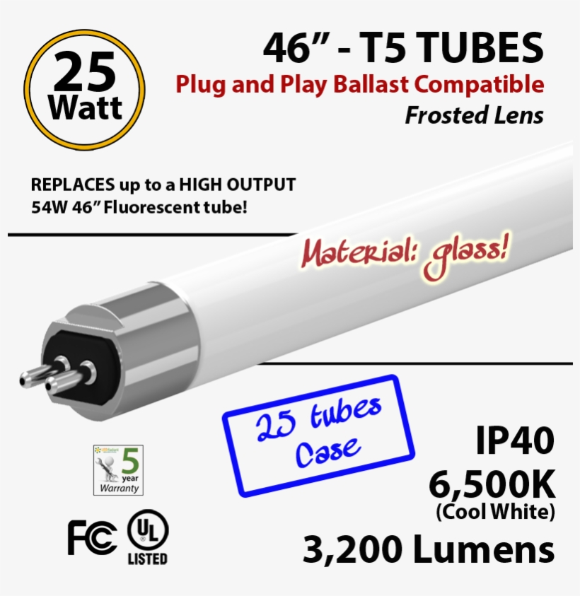 Led T5 Glass Tube Light 25 Watts 6500k Frosted Lens - Cable, transparent png #989645