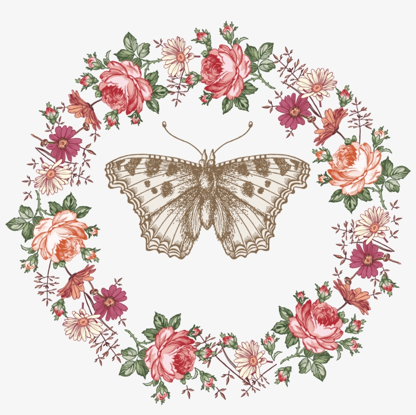 Butterfly Clipart Wreath - Vector Flower Watercolor Border, transparent png #9839802