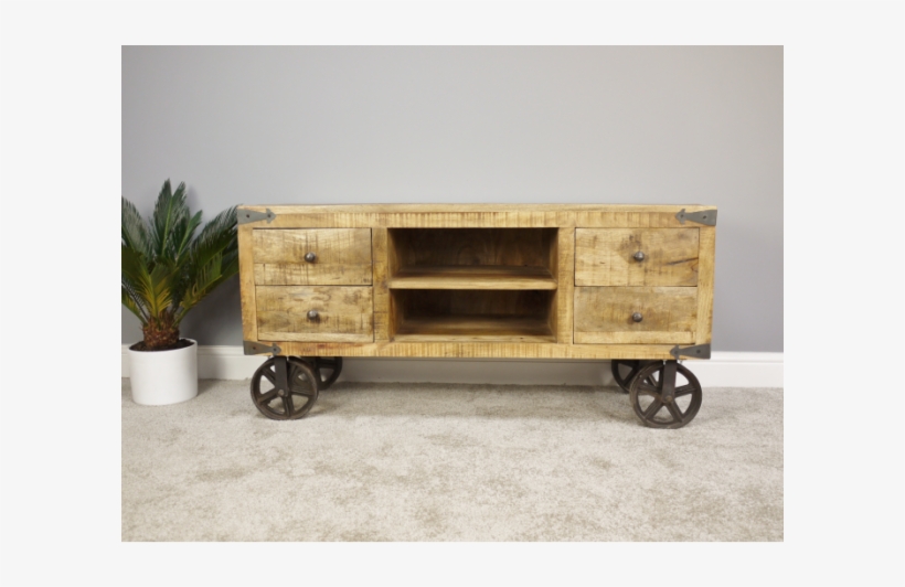 Industrial Style Tv Stand With 2 Open Trays And 4 Drawers - Furniture, transparent png #9892799