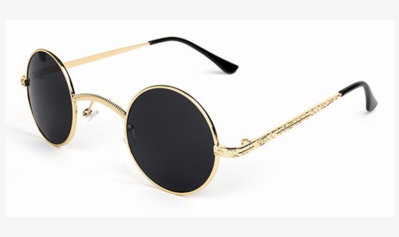 Round Sunglasses Gold Frame Black Lenses, transparent png #990154