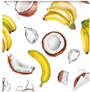 Watercolor Banana And Coconut Pattern Wall Mural • - Art Print: Lenavetka87's Watercolor Coconut Set, 30x30cm. (400x400), Png Download