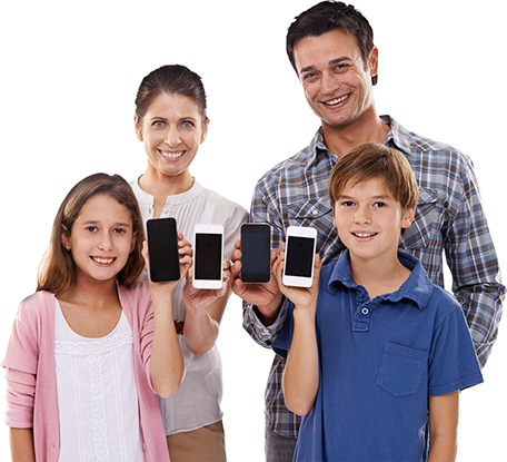 Family Using An R2l On Their Smart Phones Reducing - Family With Cell Phones (456x415), Png Download