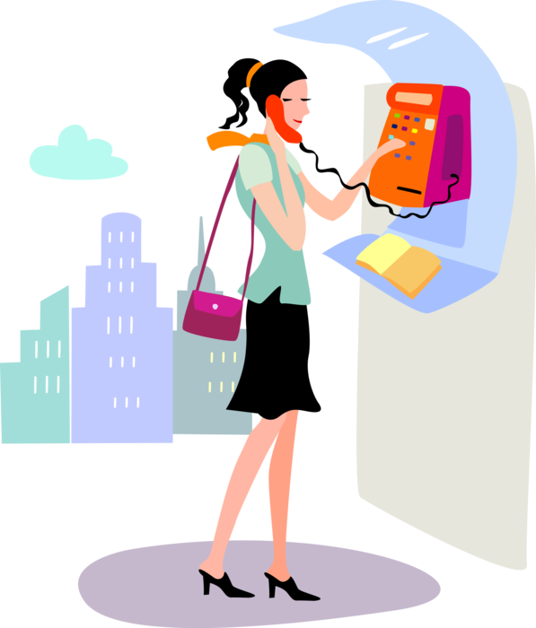 Vector Illustration Of Young Woman Makes Call From - Payphone (597x700), Png Download
