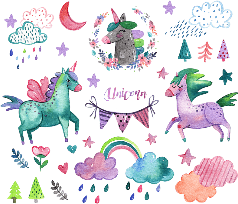 Watercolor Unicorn Elements Png Psd K589 - Stylesilove Happy Unicorn Pouch Travel Case Makeup (800x800), Png Download
