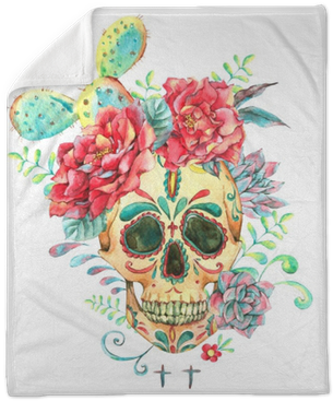 Watercolor Card With Skull And Roses Plush Blanket - Succulent Skull Art (400x400), Png Download