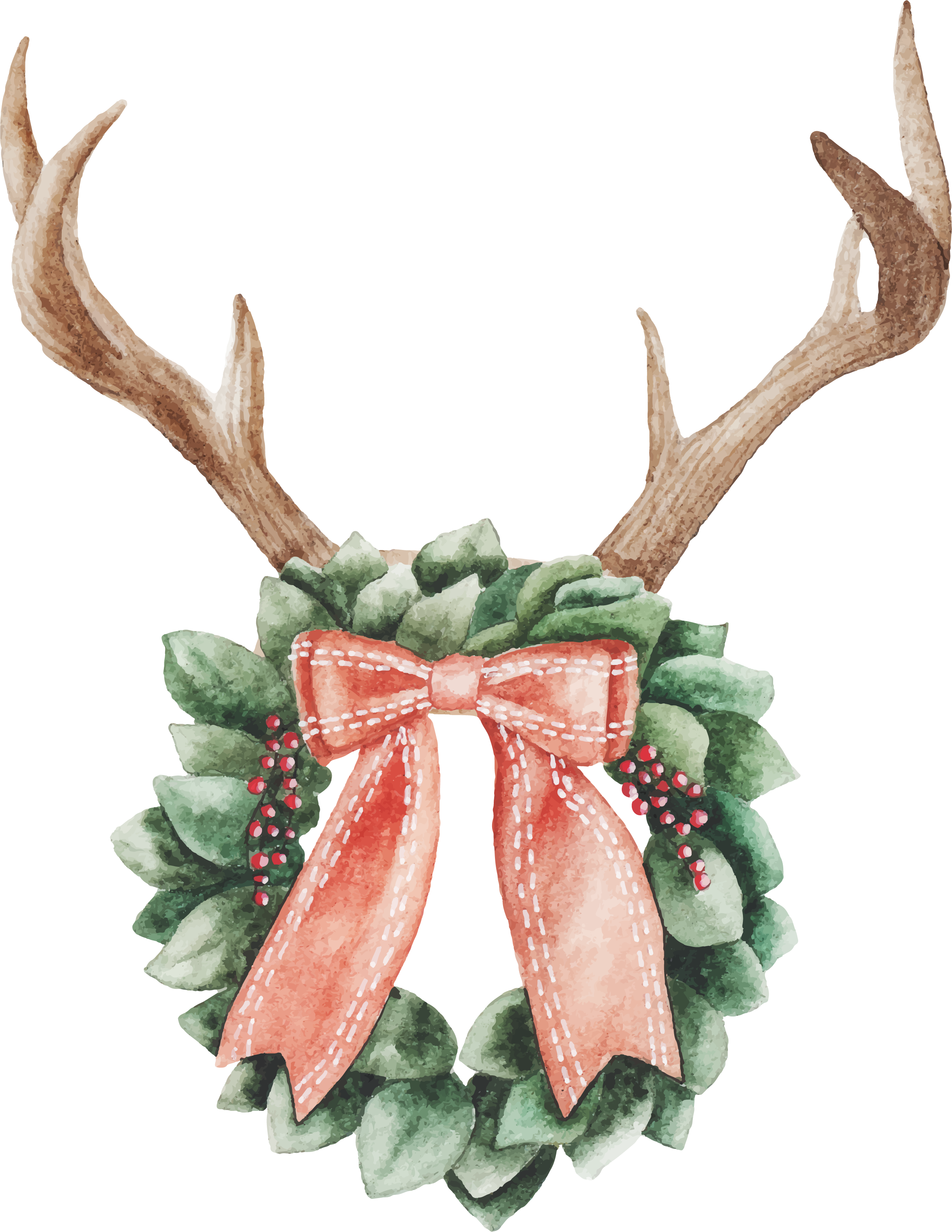 Watercolor Christmas Printed Transfers - Christmas Antlers With Lights (2358x3051), Png Download