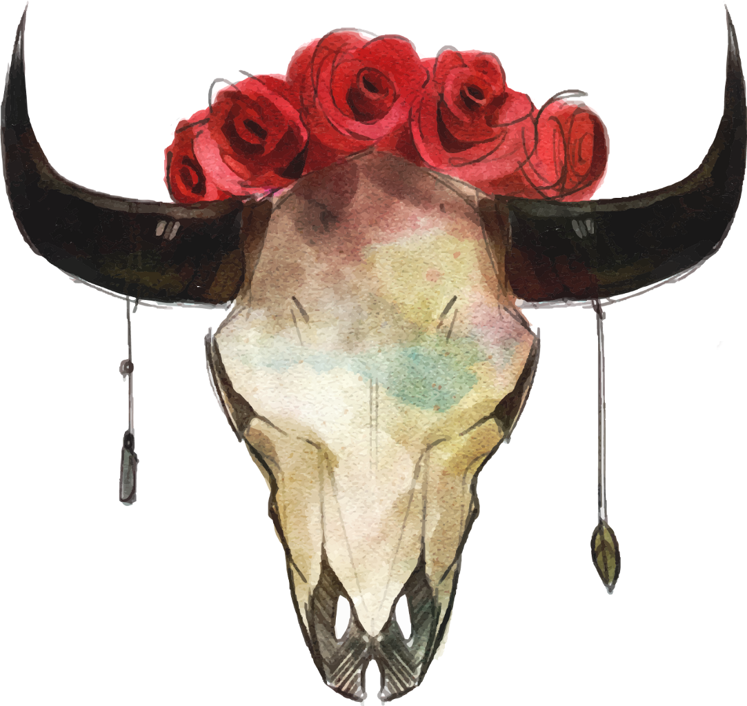 Skeleton Skull Horns Boho Hipster Flowers Roses Ftestic - Western-element-einladung Karte (1083x1024), Png Download