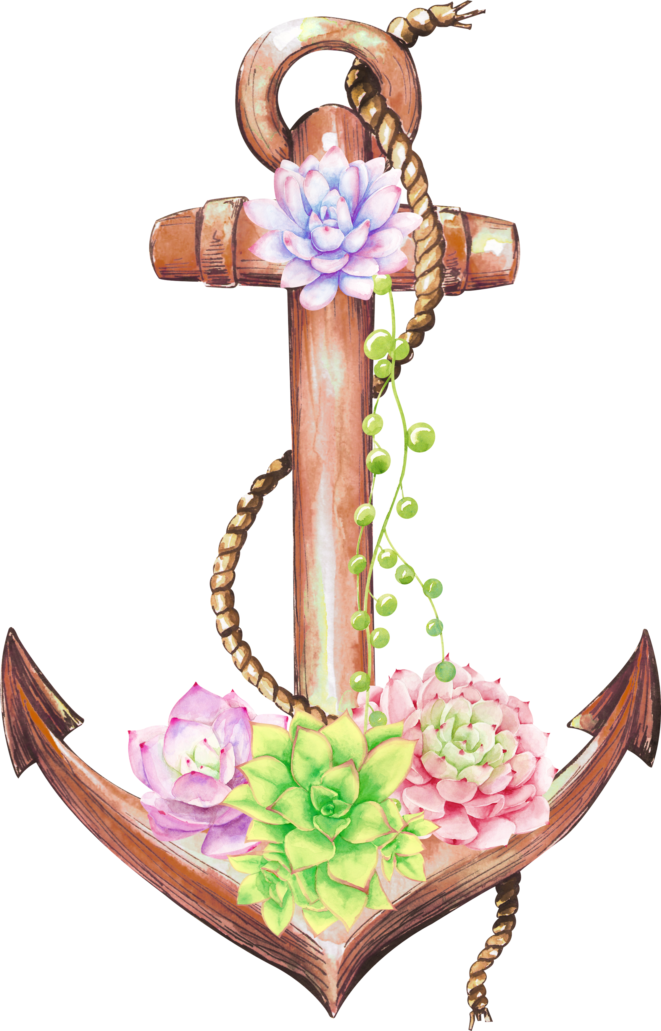 Anchor Clipart/ Flower Clipart/ Watercolor Clipart/ - Watercolor Anchor With Flowers Png (2600x3600), Png Download