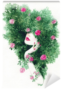 Beautiful Woman And Flowers - Watercolor Painting (400x400), Png Download