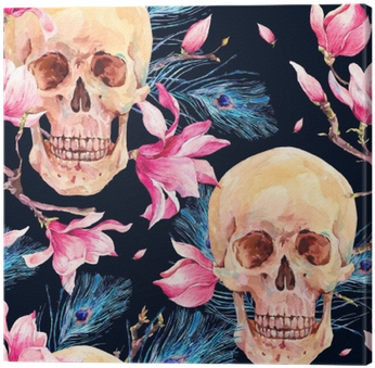 Watercolor Seamless Pattern With Skull And Magnolia - Beddinginn Blooming Flower On Skull Print 3d 5pcs 100% (400x400), Png Download