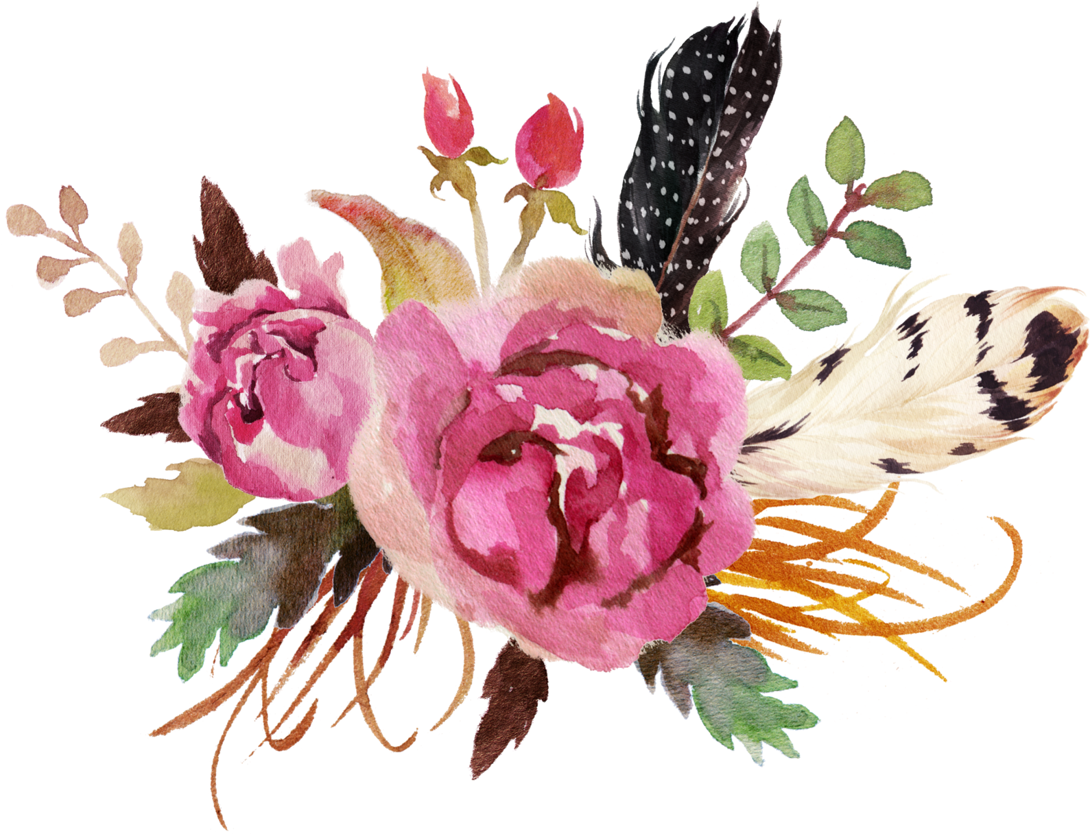 Antlers And Flowers Png Free - Flower And Feather Watercolor (1600x1219), Png Download