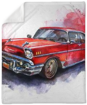 Watercolor Hand Drawn Old Fashioned Red Car Plush Blanket - Carro Dibujo Acuarela (400x400), Png Download