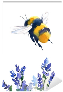 Bumblebee Flying Over Blue Flowers Watercolor Hand - Bumble Bee Watercolor (400x400), Png Download